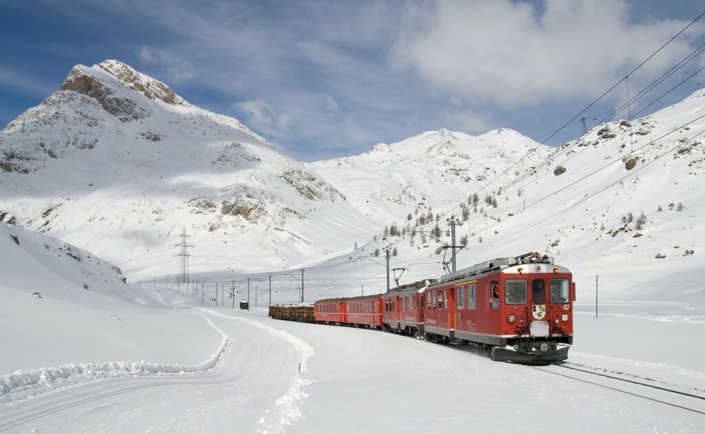 Train in the mountains during winter
