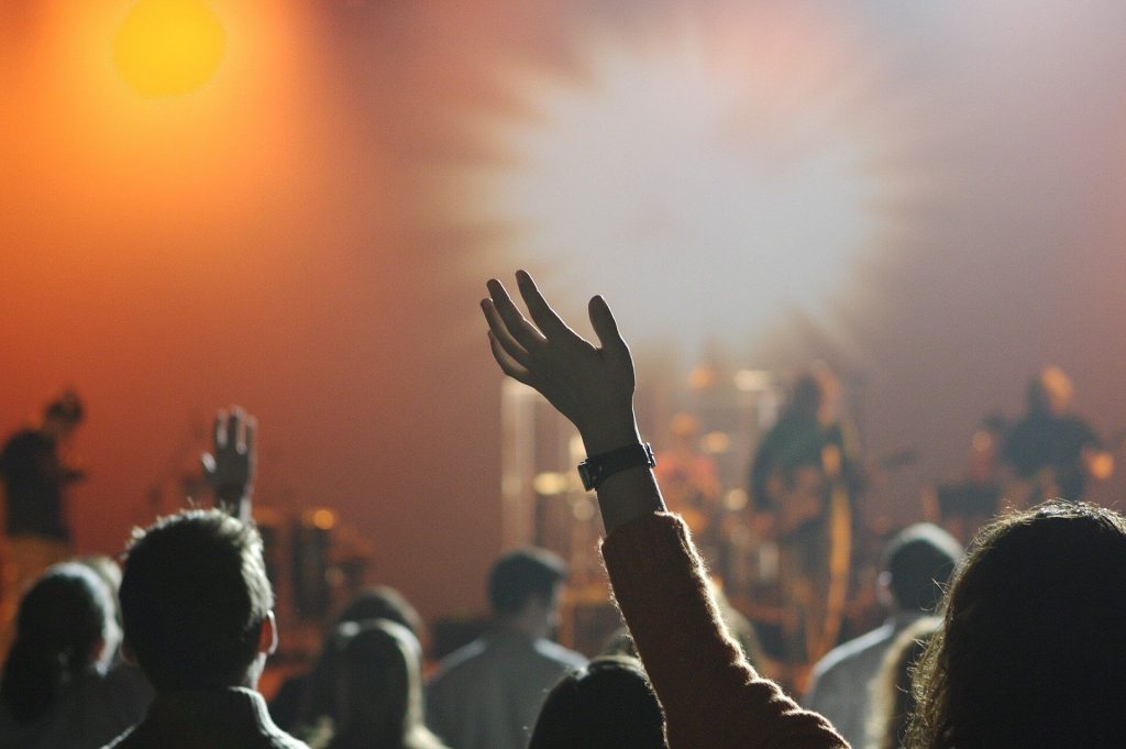 People raising hands on the concert in the club