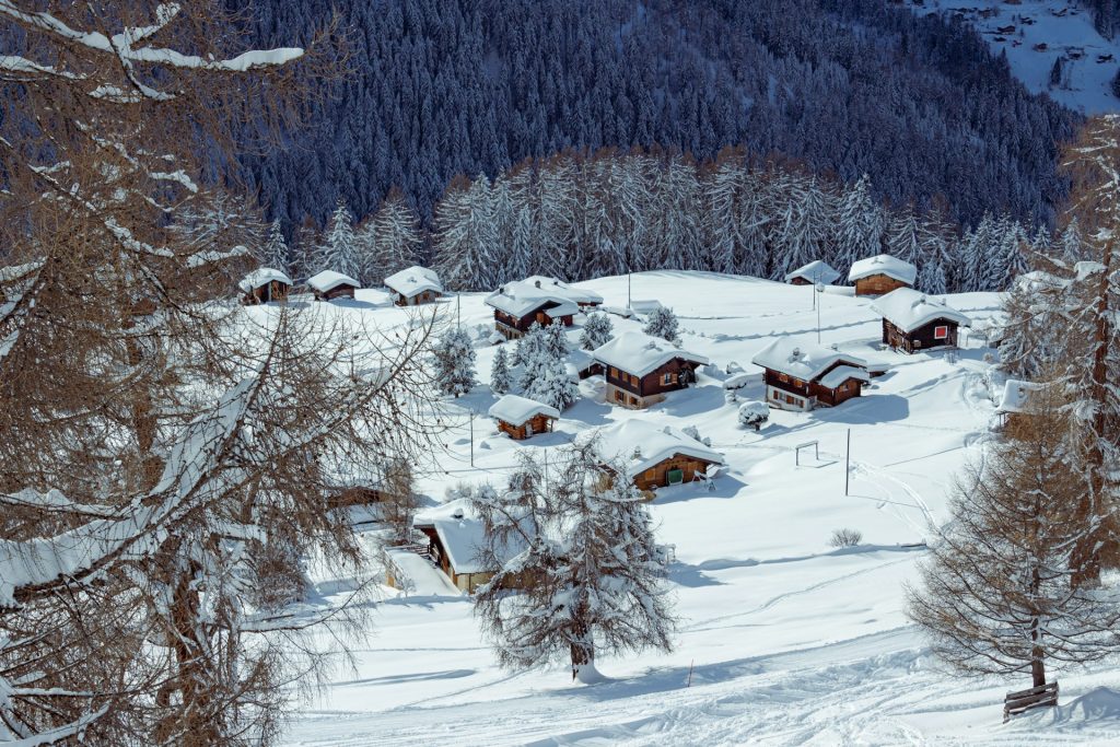 chalets on a snowy mountain