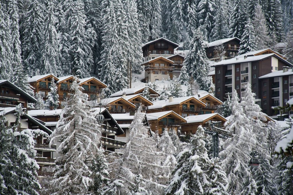 chalets on a snowy mountain