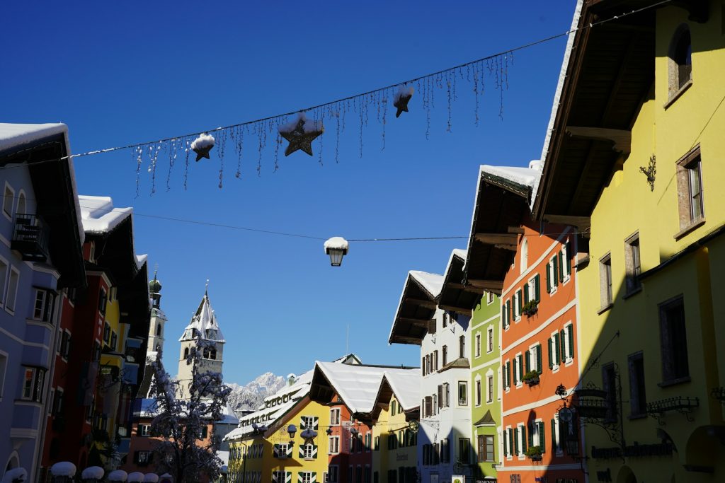 a ski town with colorful houses