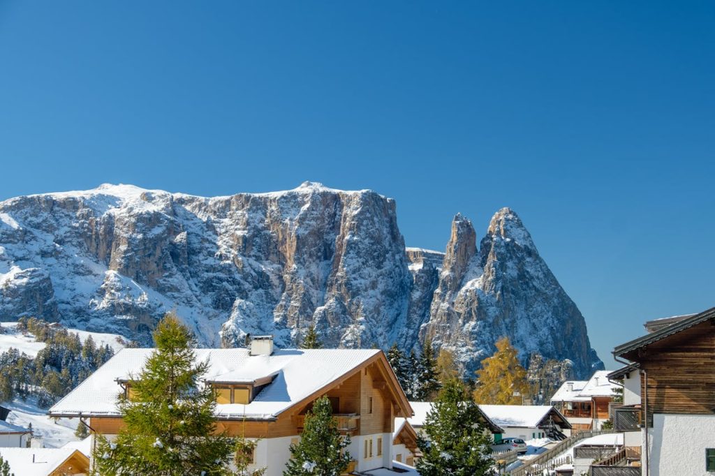 chalets in snow covered mountains