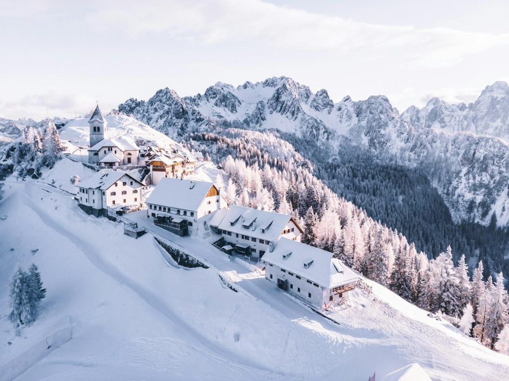 a village on a snowy mountain