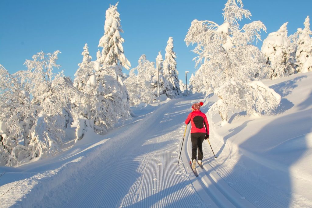 a woman cross-country skiing