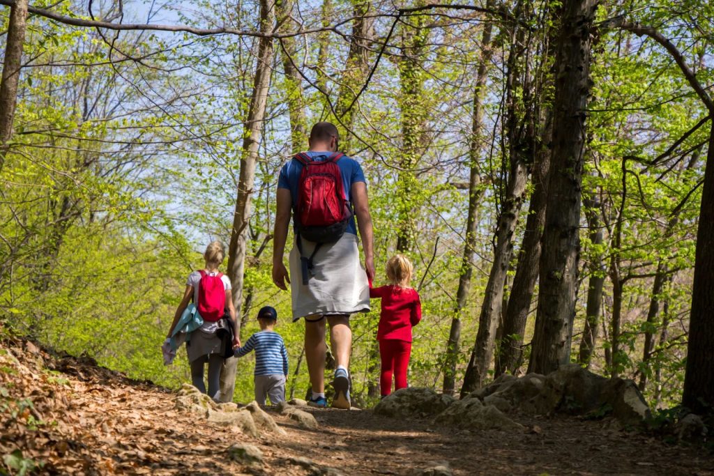 a family hiking in the forest